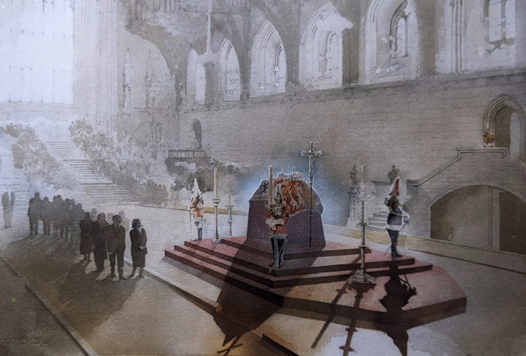 Lying in State of the Queen Mother at the Palace of Westminster.